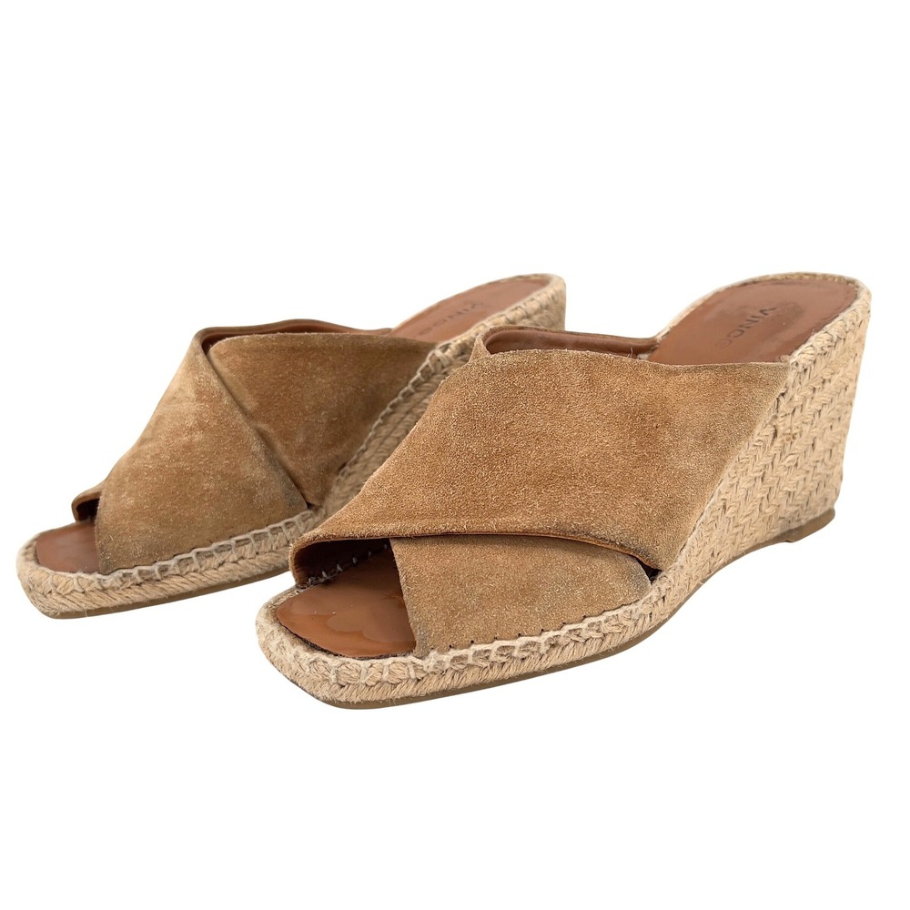 Vince Gaelen Womens 7.5 Espadrille Wedge Sandals Tan Suede Crisscross Slide